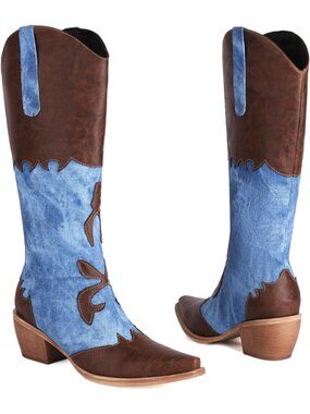 Women's Brown Denim Mid Calf Western Cowboy Boots Patchwork Knee High Boots